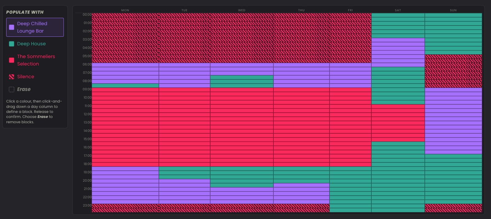 Weekly scheduler interface with drag-and-drop time blocks